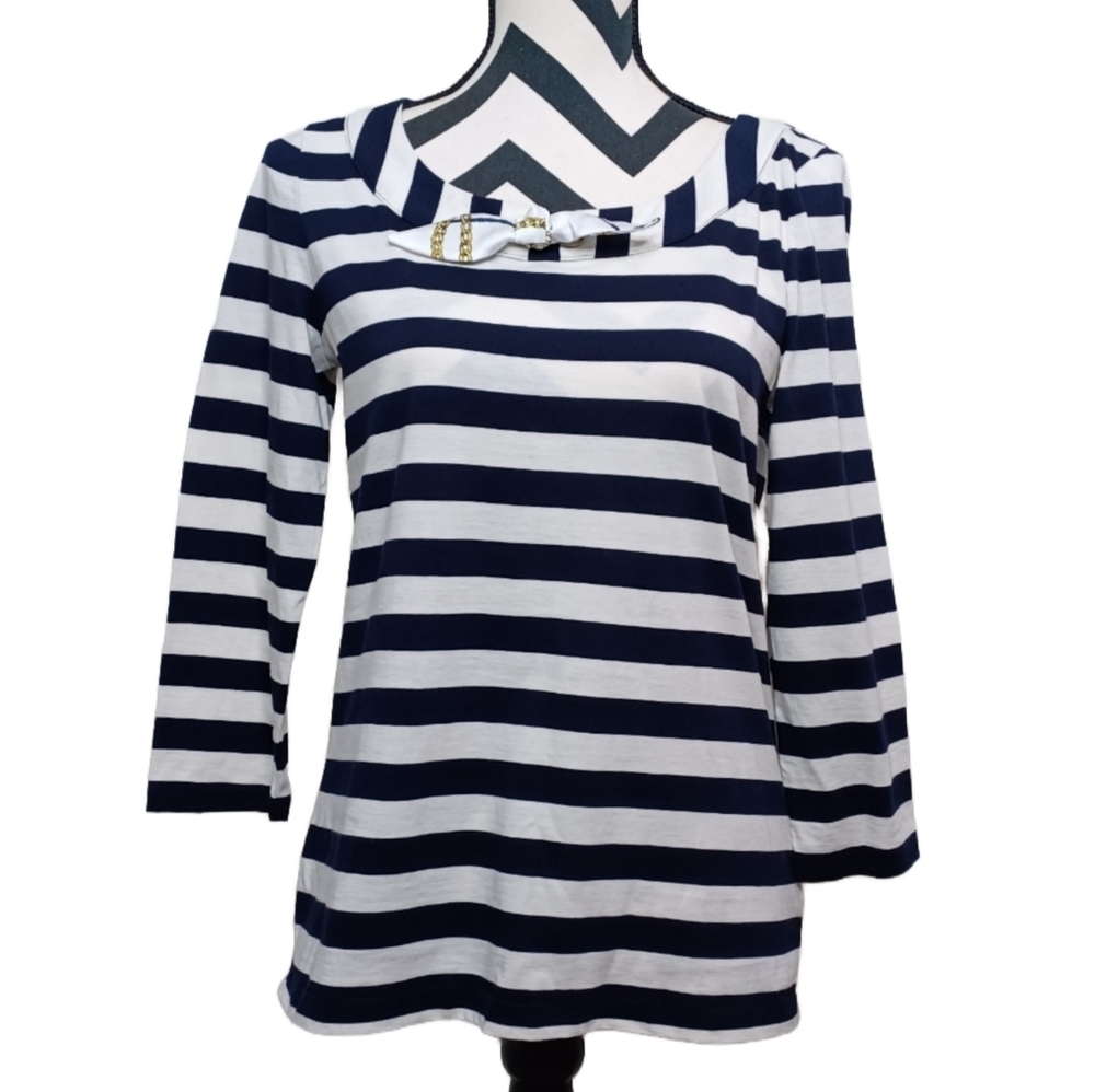 Talbots Bow Tie 100% Pima Cotton Navy Striped Coastal Nautical Office Blouse